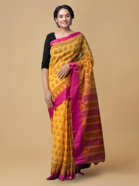 

Unnati Silks Orange Silk Cotton Printed Chanderi Saree