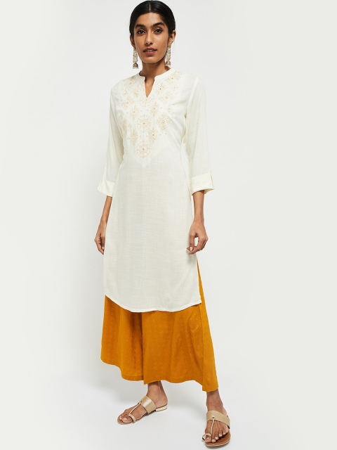 

max Women Cream-Coloured Embroidered A-Line Kurta