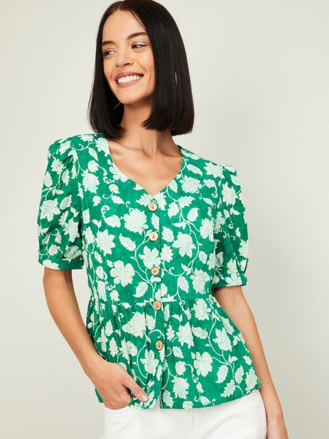 

Colour Me by Melange Women Green & White Printed Cinched Waist Top