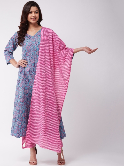 

InWeave Women Blue & Pink Printed Kurta with Trousers & Dupatta