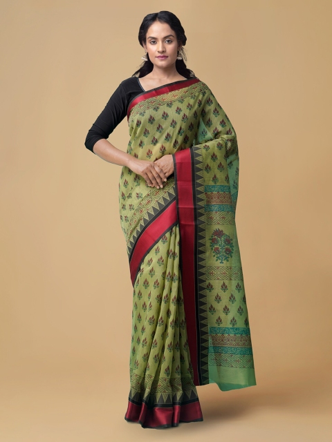 

Unnati Silks Green Silk Cotton Printed Chanderi Saree