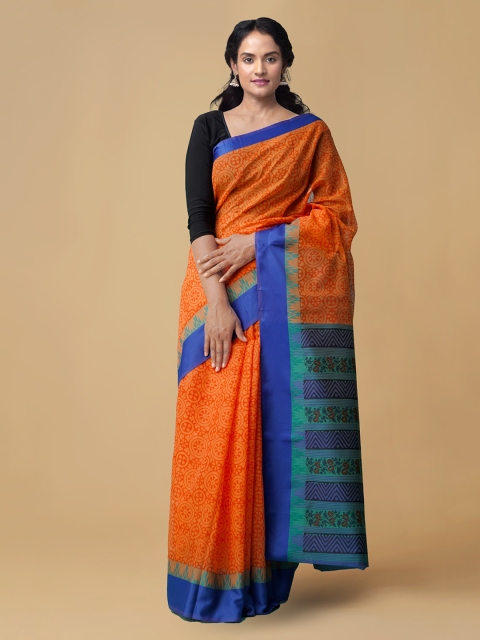 

Unnati Silks Orange & Blue Silk Cotton Printed Chanderi Saree