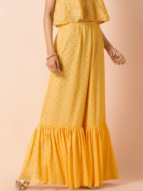 INDYA X PAYAL SINGHAL Women Yellow & Gold-Toned Foil Embellished Flared Palazzos