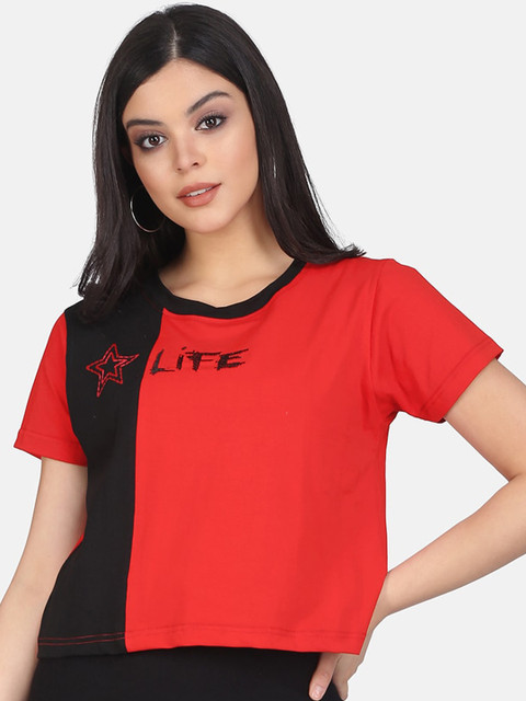 

Clothzy Women Red Colourblocked Boat Neck T-shirt