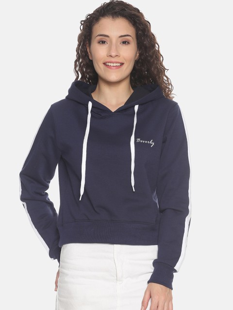 

BEVERLY BLUES Women Navy Blue Solid Hooded Crop Sweatshirt