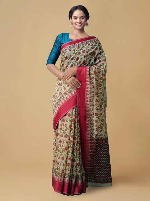 

Unnati Silks Beige & Green Silk Cotton Woven Design Chanderi Handloom Saree