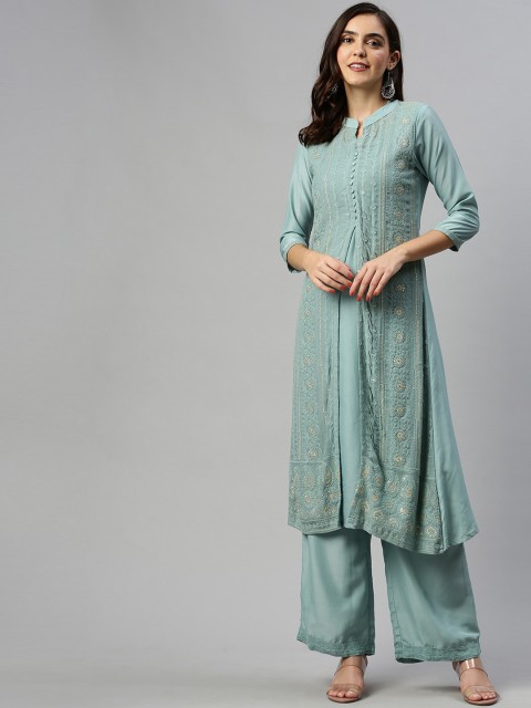 

Soch Women Blue Embroidered Kurti with Palazzos