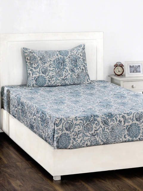 

MASPAR Blue & White Zoe Flower Print 210 TC Cotton 1 Single Bedsheet with 1 Pillow Covers