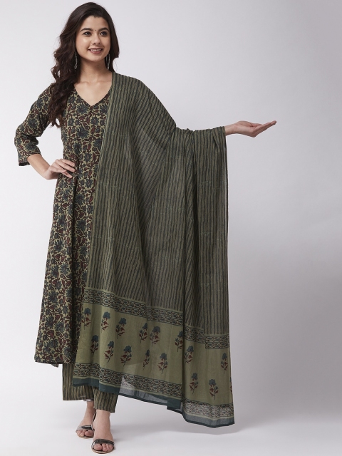 

InWeave Women Olive Green Printed Kurta with Palazzos & Dupatta