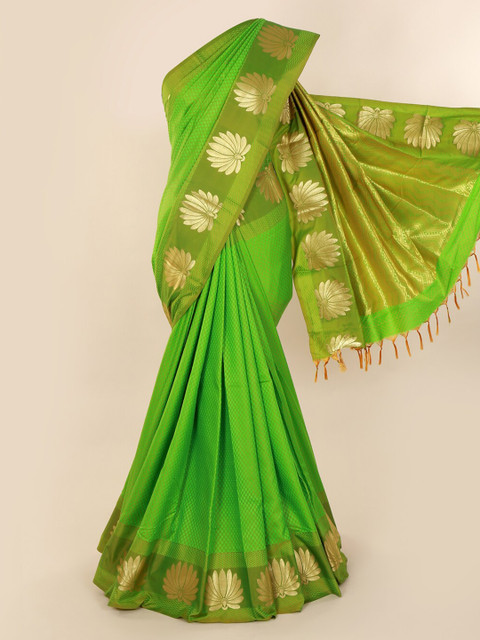 

Pothys Green & Gold-Toned Art Silk Printed Saree with Jhalar Pallu