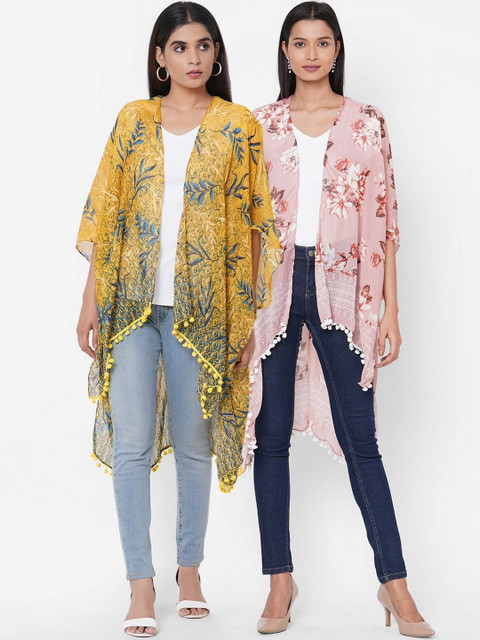 

Get Wrapped Women Pack of 2 Multicoloured Printed Kimono Shrug Women with Pom Pom, Multi