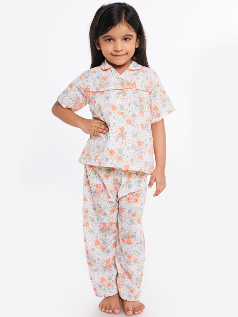 

Fuzzy Bear Infant Girls White & Orange Floral Printed Night Suit