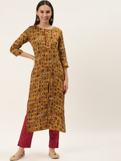 

Cottinfab Women Mustard Printed Kurta with Trousers