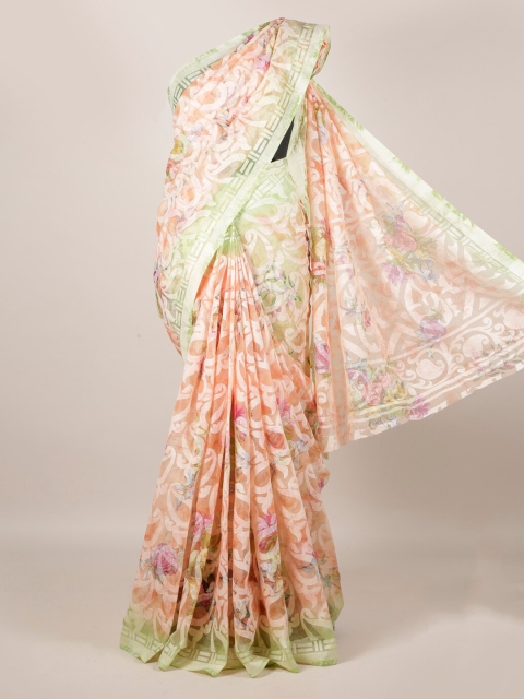 

Pothys Peach-Coloured & Green Jute Silk Printed Saree