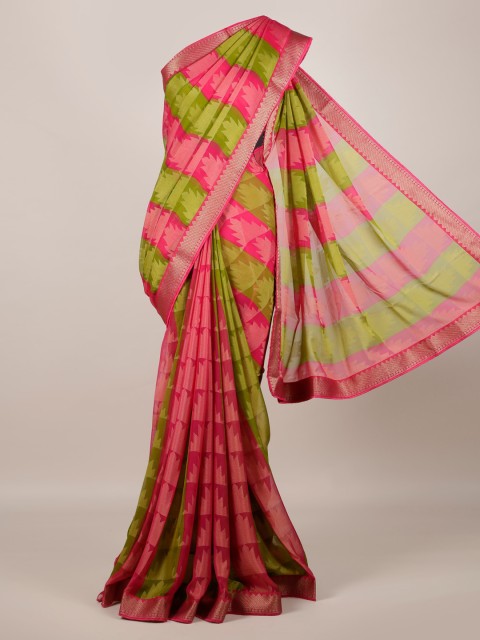 

Pothys Pink & Green Poly Georgette Striped Saree