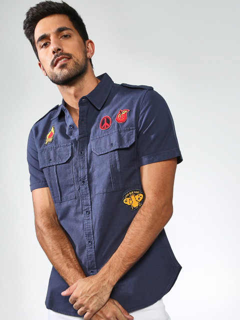 

Blue Saint Men Navy Blue Slim Fit Solid Cotton Casual Shirt