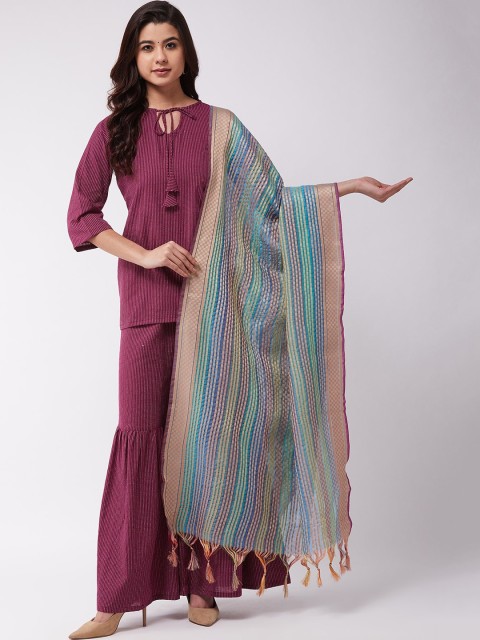 

InWeave Women Burgundy Striped Kurti with Sharara & Dupatta