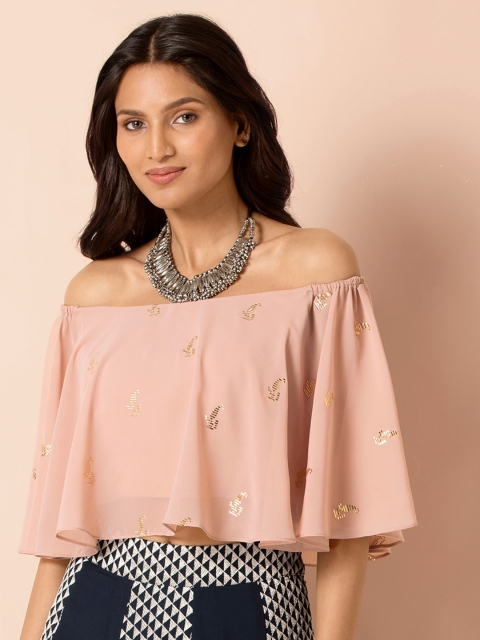 

INDYA X PAYAL SINGHAL Women Pink Printed Bardot Crop Top
