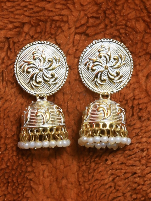 

Crunchy Fashion Gold-Plated Silver-Toned Dome Shaped Jhumkas
