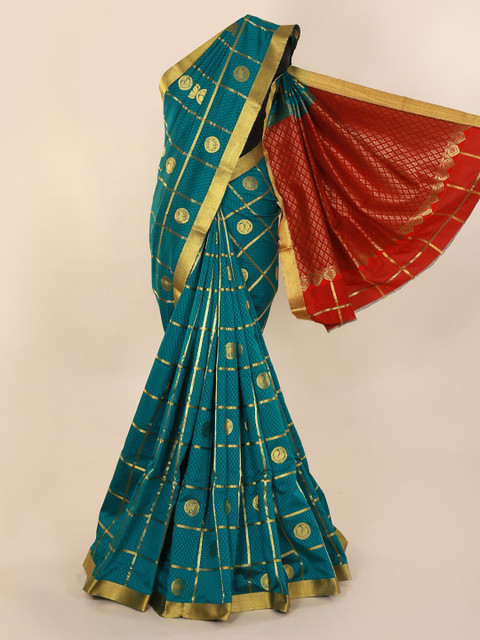

Pothys Green & Red Art Silk Printed Saree with Zari Border