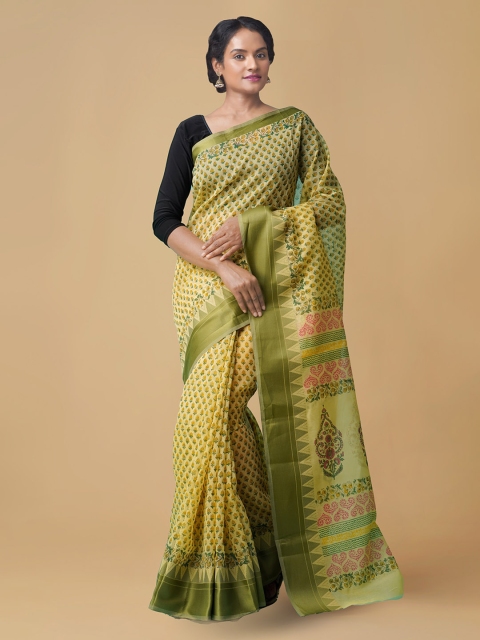 

Unnati Silks Yellow & Green Silk Cotton Printed Chanderi Saree