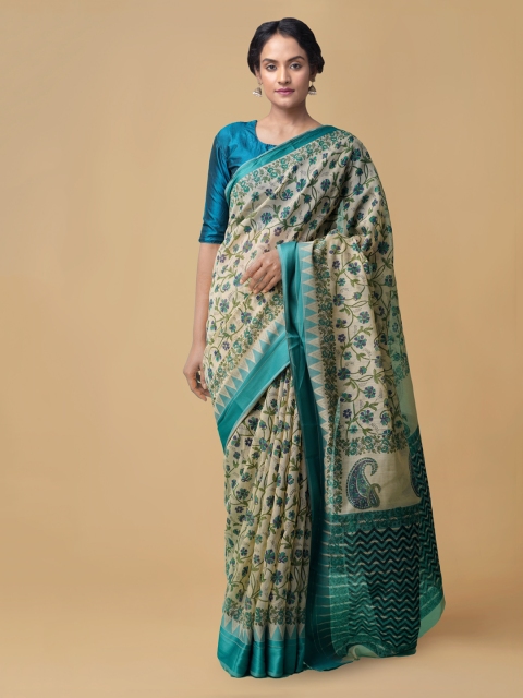 

Unnati Silks Blue & Brown Silk Cotton Printed Chanderi Saree