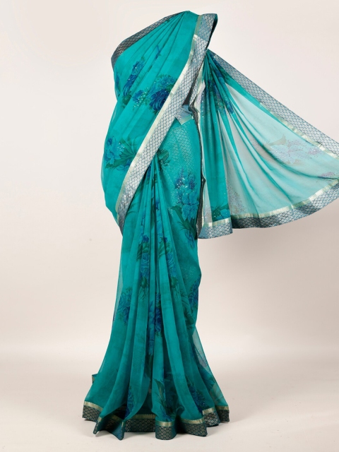 

Pothys Teal Green Printed Poly Georgette Saree
