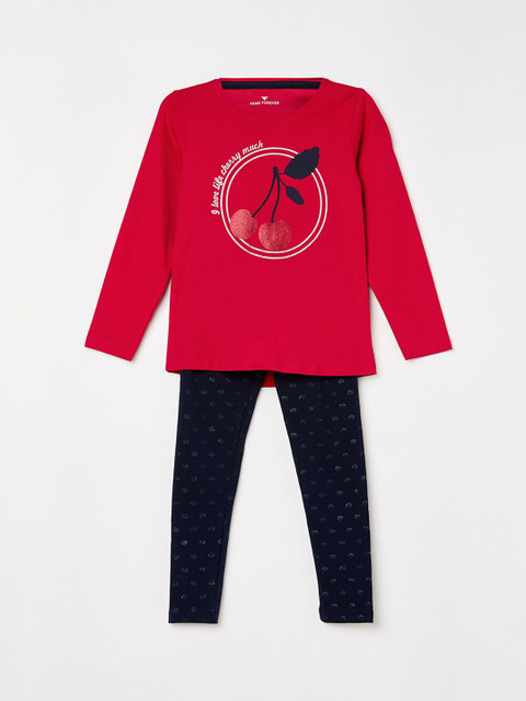 

Fame Forever by Lifestyle Girls Red & Navy Blue Printed T-shirt with Pyjamas