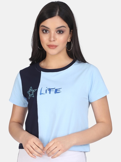 

Clothzy Women Blue Colourblocked Round Neck T-shirt