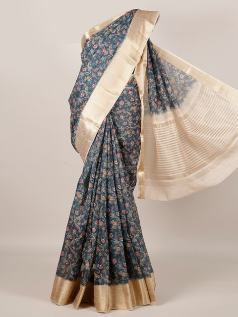 

Pothys Navy Blue & Gold-Toned Jute Silk Printed Saree