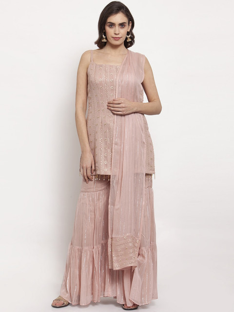 

KHALOM Women Peach-Coloured Embroidered Kurti with Sharara & Dupatta
