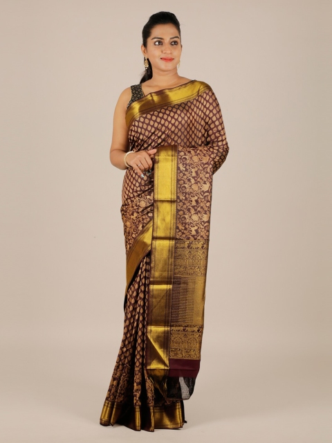 

Pothys Brown & Gold-Toned Pure Silk Woven Design Kanjeevaram Saree