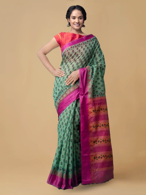 

Unnati Silks Green & Pink Silk Cotton Printed Handloom Chanderi Saree