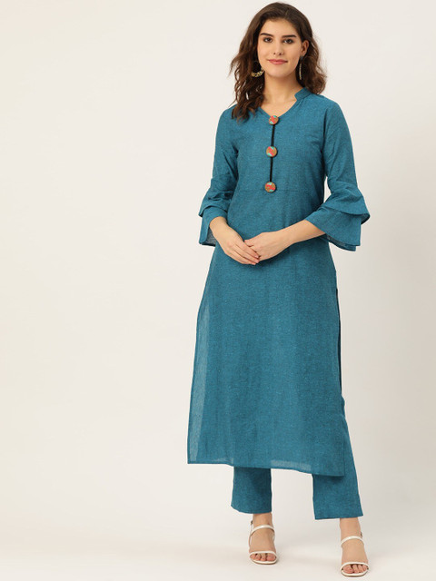 

Cottinfab Women Blue Solid Kurti with Trousers