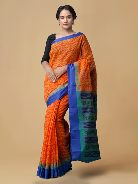 

Unnati Silks Orange & Blue Silk Cotton Printed Chanderi Saree