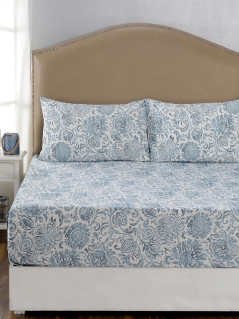

MASPAR Blue & White Zoe Flower Print 210 TC Cotton 1 Queen Bedsheet with 2 Pillow Covers