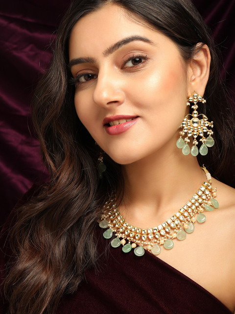 

Rubans LUXURY 24K Gold-Plated Pachi Kundan & Sea Green Stone Studded Jewellery Set