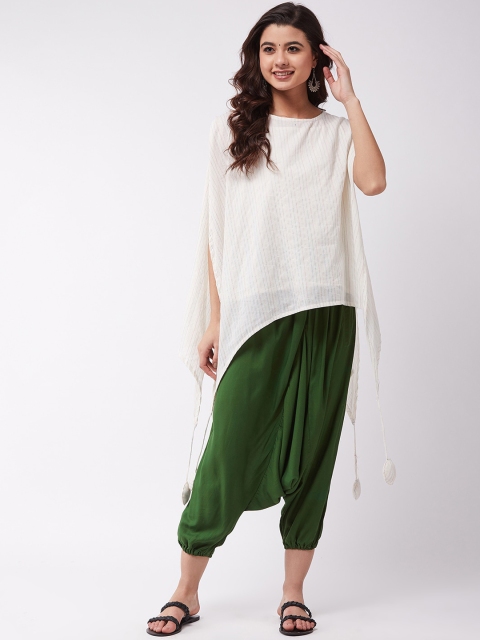 

InWeave Women Off-White & Olive Green Striped Top with Harem Pants