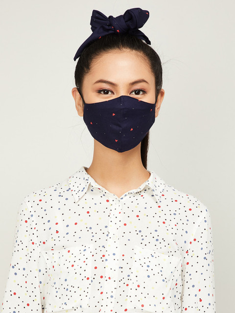 

Ginger by Lifestyle Women Navy Blue & Coral Pink Printed 2-Ply Reusable Cloth Mask with Headband
