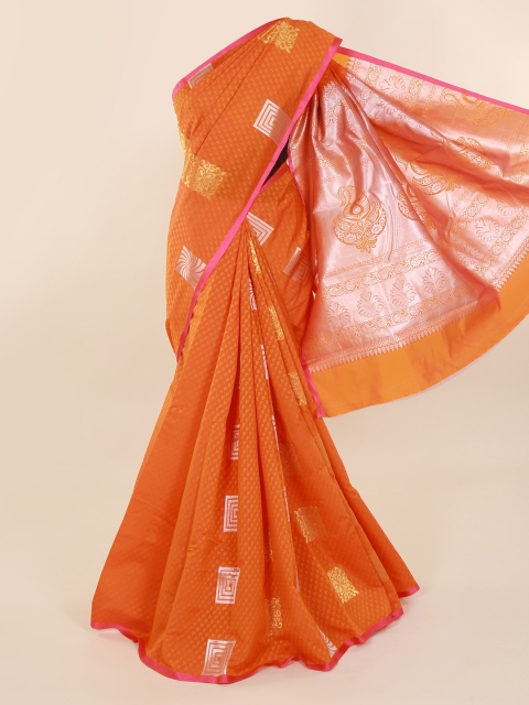 

Pothys Orange & Silver-Toned Art Silk Printed Saree