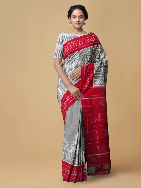 

Unnati Silks Grey & Red Pure Cotton Printed Pochampally Saree