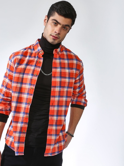Blue Saint Men Orange Regular Fit Checked Casual Shirt