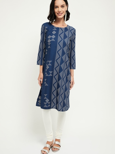 

max Women Blue Printed Straight Kurta
