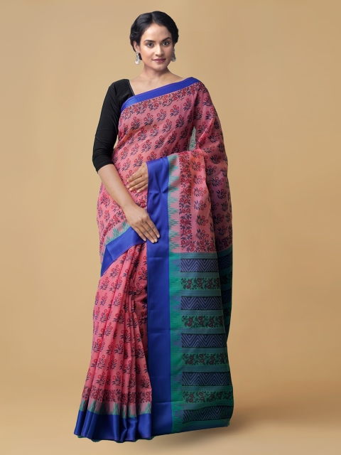 

Unnati Silks Pink & Blue Silk Cotton Printed Chanderi Saree