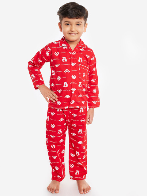 

Fuzzy Bear Boys Red & White Printed Night Suit