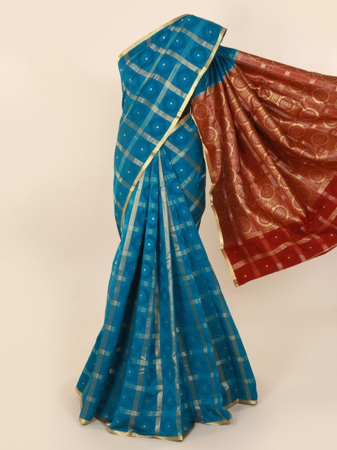 

Pothys Blue & Gold-Toned Art Silk Checked Saree