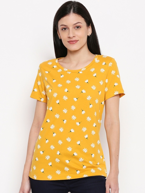 

Honey by Pantaloons Women Mustard Yellow Printed Round Neck Cotton T-shirt