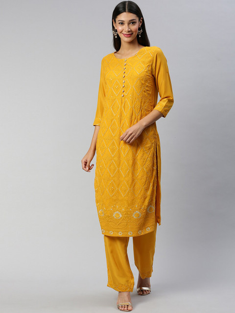 

Soch Women Yellow Embroidered Kurta with Trousers