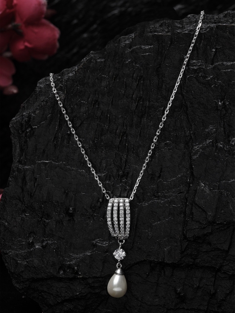

Clara 92.5 Sterling Silver Rhodium-Plated White CZ & Pearl Pendant With Chain