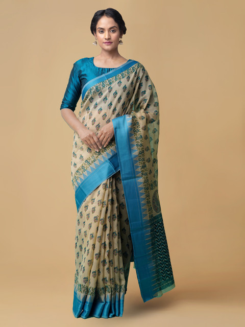 

Unnati Silks Beige & Blue Silk Cotton Printed Chanderi Saree